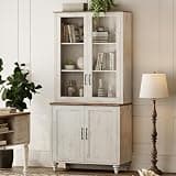 WAMPAT 72" Tall Bookcase with Glass Doors & Adjustable Shelves, Large Farmhouse Display Book Shelf with Storage Cabinet, Library Wood Bookshelves for Living Room,Kitchen, Rustic White