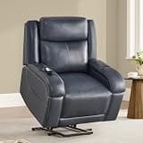 Genuine Leather Power Lift Recliner Chair with Heat and Massage Electric Lay Flat Recliner Chair with Headrest Visual Remote Control for Elderly Living Room Bedroom(Blue)