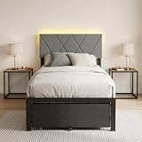 Insdiy Twin Size Bed Frame with Headboard, Twin Platform Bed Frame with Fabric Underbed Drawers, Charging Station, Upholstered Bedframe with LED, No Spring Box Needed, Gray-Black