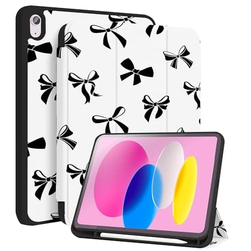 Lyfatz Case for iPad 11th (A16) 11-inch 2025/10th Gen 10.9-inch 2022, Black Bow Cute Chic Adorable with Pencil Holder Trifold Stand Smart Cover with Soft TPU Back, Supports Touch ID- White - Black Bow