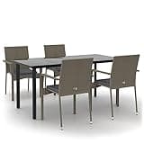 KGHFDVB 5 Piece Patio Dining Set with Cushions, Black and Gray Poly Rattan Outdoor Dining Set for 4 with Tempered Glass Table and Steel Frame