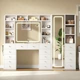 82.7" Makeup Vanity Desk with LED Mirror and Full-Length Mirror, Power Outlet & Glass Top, 16 Drawers and Open Cubbies, Large Vanity Table for Bedroom, White