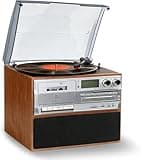Record Player Turntable with Built-in CD & Cassette Player, FM Radio, Bluetooth Wireless Music Streaming for Vintage Home Entertainment