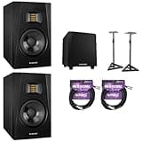 ADAM Audio Adam Professional Audio T5V T-Series Active Nearfield Monitor (2 Pack) Bundle T10S 130W 10" Active Subwoofer, On-Stage SMS6000-P Studio Monitor Stand, Kellards to MIDI Cable (2 Pack)