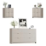 Furniway 3 Piece Bedroom Set, 6 Drawer Dresser and Nightstand Set of 2 with Gold Handles, Modern Wood Chest of Drawers Storage Cabinet for Bedroom, Beige