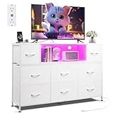 WLIVE White Dresser TV Stand for 45, 50, 55 inch TV, Entertainment Center with LED Lights & Charging Station, Chest of Drawers with 8 Fabric Drawers and Open Shelves for Living Room, Hallway, Wood Top