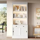 THINK 30 83.4" Tall Bookshelf with LED Lighting, Modern White Wood Bookcase withSliding Doors and Open Shelves,Storage Bookcase with Open Shelves for Living Room,Home Office (White Color)