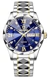 Gosasa Luxury Men's and Women's Business Diamond Stainless Steel Waterproof Roman Numeral Analog Quartz Watch with Day-Date Calendar, Gold and Silver Tone (M-Gold Blue, Men)