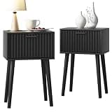 LAATOOREE Nightstands Set of 2, Small Side Table, Bedside Table with Fluted Door, Solid Wood Feet, Modern Mid-Century End Table for Bedroom, Small Space, Black