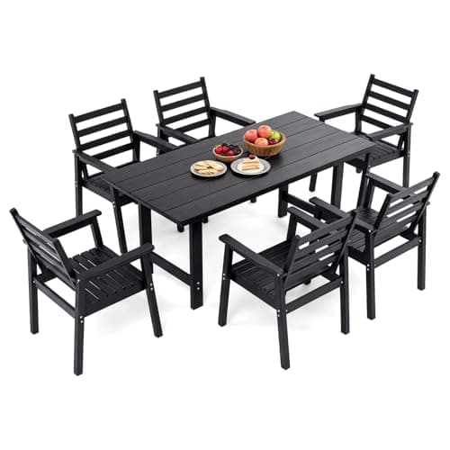 AXMOLM 7 Piece HDPE Outdoor Dining Set for 6, Patio Dining Furniture Set with 2” Umbrella Hole, Weather Resistant Outdoor Table and Chairs for Garden, Poolside, Backyard, Deck