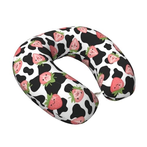 Comfortable Travel Neck Pillow Pink Strawberry Cow Print, U-Shaped Memory Foam for Support on Airplanes, Cars, and Office Chairs