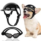 SlowTon Dog Helmet and Goggles - UV Protection Doggy Sunglasses Dog Glasses Pet Motorcycle Helmet Hat with Ear Holes Adjustable Belt Safety Hat for Small Medium Large Dogs Puppy Riding (Black, S)