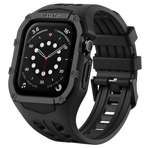 Nereides Rugged Case with Band for Apple Watch Series 9/8/7/6/5/4/SE 3/SE 2/SE 44mm/45mm, Breathable TPU Sport Strap + PC Protective Bumper, Shock-Resistant, Sweat & Water-Resistanty (Black)