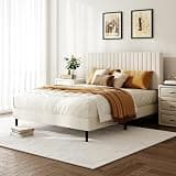 JOUUQZ Queen Size Velvet Upholstered Platform Bed with Height-Adjustable Headboard, Solid Steel Frame and Wooden Slats, No Box Spring Needed, Easy Assembly, Beige
