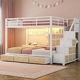 Bunk Bed Full Over Twin with 13 Drawers & Open Shelves, Hanging Area and Storage Pockets, Built in Desk, Bunk Beds with RGB LED Lights & Charging Station, White