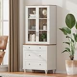 WAMPAT 72" H Tall Bookcase with Glass Doors, Farmhouse Bookshelf with 3 Drawer, Display Book Case with 3-Tier Book Shelves, Vintage Library Wooden Bookshelves for Living Room, Office, Kitchen, White