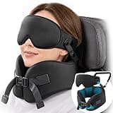 YFONG Travel Pillow for Women Airplane, Patented 360° Ergonomic Sleeper Hold Head Support System with Memory Foam Neck Pillow & 3D Sleep Mask, Prevent Head Bobbing for Long Flights & Road Trip, Black