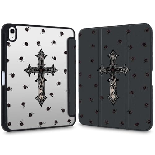 VibrantFruitique Y2k Case for iPad Air 11" M4/M3/M2 (2026/2025/2024),iPad Air 5th/4th Gen 10.9" Gothic Dark Rose Cross Clear Hard Back Hybrid Case,with Pencil Holder Trifold Stand Slim Cover for Women