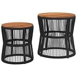 Patio Side Tables 2 Pack Black Poly Rattan with Acacia Wood Top for Garden