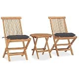 WRJENFSC 3 Piece Folding Patio Dining Set, Solid Teak Wood Outdoor Bistro Table and Chairs with Anthracite Cushions, Space Saving Garden Furniture for Balcony and Terrace, No Assembly