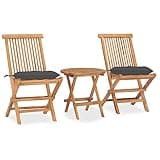 WRJENFSC 3 Piece Folding Patio Dining Set, Solid Teak Wood Outdoor Bistro Table and Chairs with Anthracite Cushions, Space Saving Garden Furniture for Balcony and Terrace, No Assembly