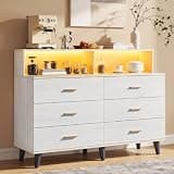 Doppeltcharms 6 Drawer Buffet Cabinet with LED Light, Charging Station & Open Shelf, Tall Wide Black Wood Chest of Drawers Storage Organizer for Closet, Room, Entryway, Dorm, Apartment,White