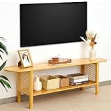 Mordchil HF Bamboo TV Stand for TVs up to 65", Accent Entertainment Center with Storage, Media Console Table with Rattan, Modern TV Stand for Living Room, Bedroom, 55"(L), Burlywood