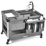 4-in-1 Baby Bassinet with Mattress - One-Push Setup Playard - Bedside Crib with Diaper Changer from Newborn to Toddler (Grey)
