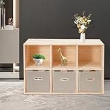 XIJIE Multifunctional 6-Cubby Storage Cabinet with Removable Beige Baskets, Freestanding Solid Wood Shelf for Living Room Bedroom Study, Deep Shelves for Toys Books Clothes, Floor Mount, 90x30x60cm