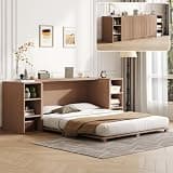 Full Murphy Bed Cabinet, Modern Murphy Bed with Wooden Foldable Platform, 6 Open Cubby Storage Shelve, Saving Space Wall Bed for Guest Room, Home Office & Apartment, Brown