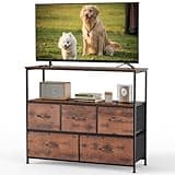 DUMOS TV Stand, Dresser with 5 Fabric Storage Drawers, Media Console Featuring Open Shelf for TV, Compact Entertainment Unit for Bedroom, Living Space, or Dorm Organization, Brown