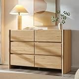 ALLTUFO Modern 6 Drawers Dresser for Bedroom, 47" Wide Dresser w/Large Storage & Rounded Corner, Wood Handleless Chests of Drawers w/Natural Texture for Bedroom, Hallway, Living Room-Natural