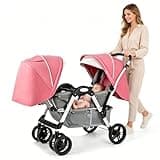 Twin Baby Pram Stroller Double Infant Stroller for Infant and Toddler,Lightweight Double Stroller with Reclining Seat, Adjustable Canopy and Large Storage(Pink)