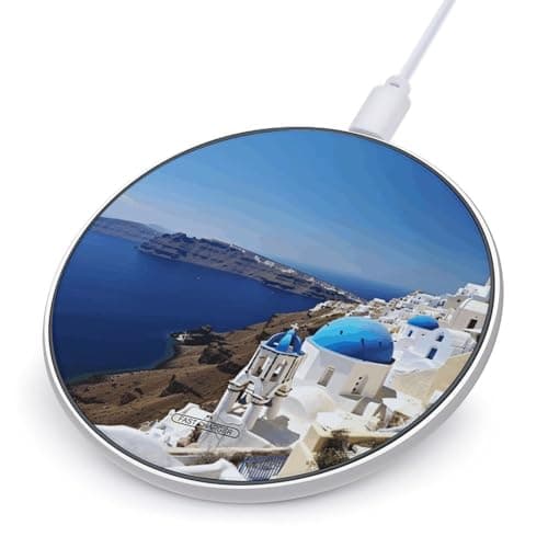 Santorini Greek Island Sea View Wireless Charger 10W Max Fast Wireless Charging Pad Lightweight Charging Station Portable Ultra Slim Charger Mat for Most Phone for Travel Home Office Desk