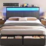 UHTN Queen Bed Frame with 2 Storage Drawers, Upholstered Headboard with Charging Station and LED Lights, Metal Platform Bed with Storage Shelf, Noise Free, No Box Spring Needed, Easy Assembly, Grey