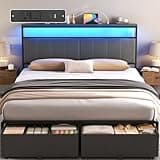 UHTN Queen Bed Frame with 2 Storage Drawers, Upholstered Headboard with Charging Station and LED Lights, Metal Platform Bed with Storage Shelf, Noise Free, No Box Spring Needed, Easy Assembly, Grey