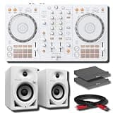 Pioneer DDJ-FLX4-W White DJ Controller Bundle with DM-40D-W White Active Monitors, Gator Isolation Pads, and Hosa RCA Cable — Smart Fader Wired DJ Set for Beginner DJ, Streaming, Bedroom Mixing