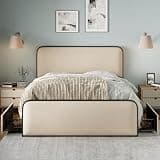 Fiorune Queen Size Platform Bed with Storage Drawers, Linen Upholstered Bed Frame with Headboard and Footboard, Metal Slat Support Platform Bed for Teens, Adults, Beige+Black