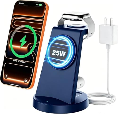 25W Magnetic 3-in-1 Wireless Charging Station for Apple Multiple Devices: Qi2.2 Fast Charger Stand for iPhone Air 17 16 15 14 13 12 Pro Max, Apple Watch and AirPods-Perfect for Business,Navy Blue