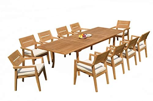 TeakStation 10 Seater Grade-A Teak Wood 11 Pc Dining Set: 118" Double Extension Rectangle Table and 10 Vellore Stacking Arm Chairs #31VL2411