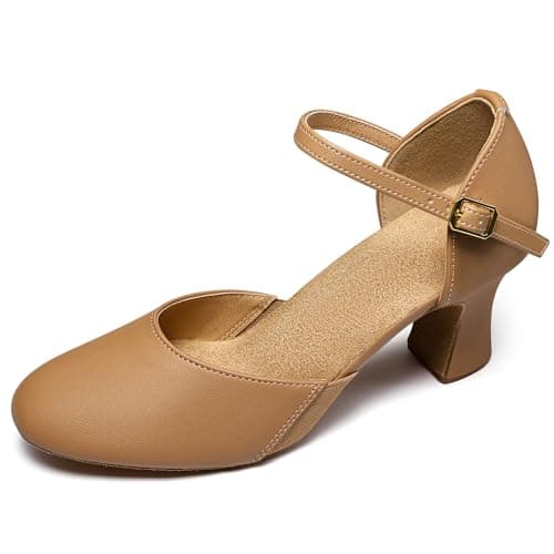 ARCLIBER Latin Dance Shoes for Women, Character Dancing Heels with Non-Slip Ankle Strap Brown 9M