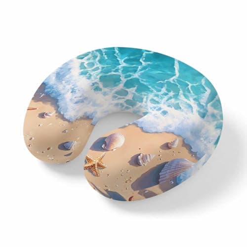 ZRNLTDGHK Neck Pillow Summer Watercolor Ocean Beach Travel Pillow Memory Foam U Shaped Pillows, Marine Starfish Shell Spray Travel Neck Pillows for Airplane Car Office Home Sleeping Rest