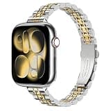 MoKo Slim Metal Band Compatible with Apple Watch Ultra 3/2/1 49mm,S11/S10 46mm,9/8/7 45mm,SE3/SE2/SE/6/5/4 44mm,3/2/1 42mm,Stainless Steel Thin Band Replacement Strap iWatch Wristband for Women,S/Gold