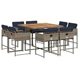 GHVBNMF 9 Piece Patio Dining Set, Gray PE Rattan Outdoor Furniture with Solid Acacia Wood Table and 8 Foldable High-Back Chairs, Modern Garden Set for Backyard and Terrace