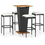 5 Piece Patio Bar Set with Cushions, Black Poly Rattan Outdoor Bar Set with Stools, Powder-Coated Steel Frame and Acacia Wood Tabletop