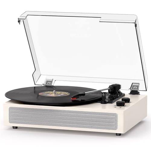 MANGOSTAN White Record Player with Built-in Speakers, Vintage Belt-Driven Turntable, Bluetooth Input, 3-Speed (33/45/78 RPM), AUX-in, RCA Out, Headphone Jack, Auto Stop, LP Vinyl Player for Home Decor