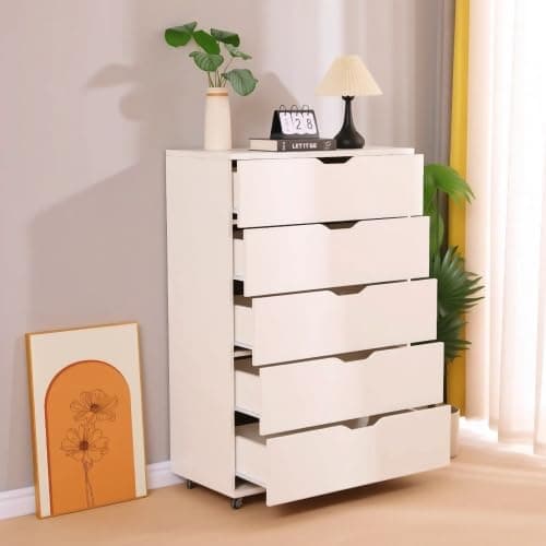 Merax 5 Drawer Mobile File Cabinet with Wheels, Modern Wooden Storage Cabinet for Home Office, Rolling Chest of Drawers with Spacious Storage for Office, Living Room, Study Room,White