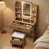 Ball & Cast Vanity Desk with Mirror and Lights,Small Vanity Desk W/Storage Drawer & Storage Chair,Makeup Table W/Power Outlet,4 Shelves,Hair Dry Rack & Transparent Top,3 Lighting Modes,Natural Oak