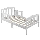 Ynredee Bed for Boys & Girls,Wooden Bed Frame,2 in 1 Bed with Double Side Safety Guardrails & Footboard for Extra Safety,Daycare Floor Bedroom Furniture for Sleeping,Gift for Boy Girl (White)
