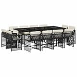 WRJENFSC 13 Piece Garden Dining Set with Cushions, Large Outdoor Rattan Dining Table and 12 Chairs for Patio and Backyard, Black Synthetic Wicker with Tempered Glass Top and Cream White Covers